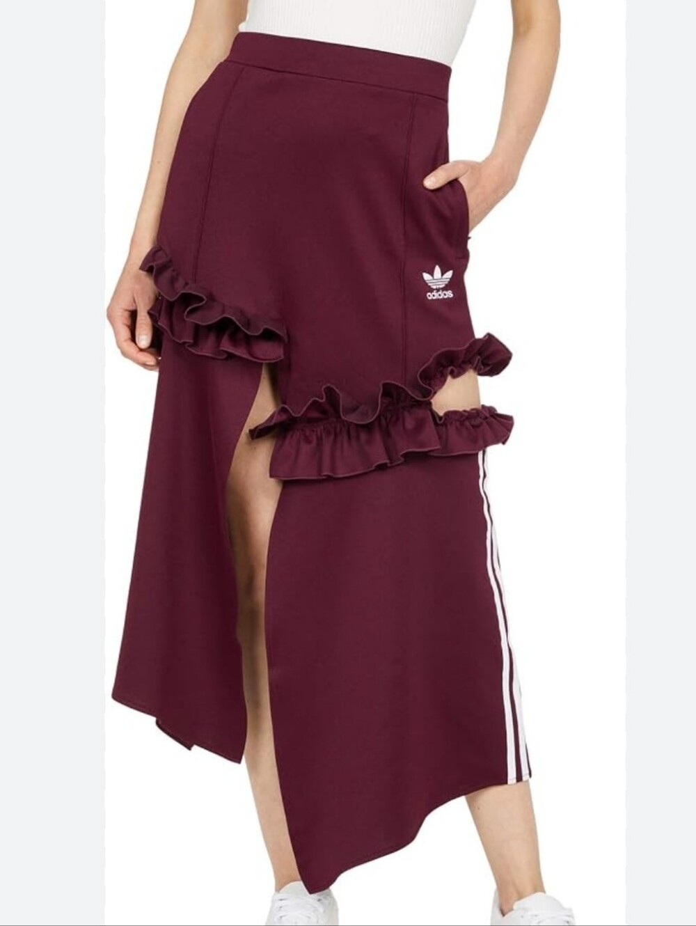 Adidas Originals X J KOO Trefoil Ruffle Asymmetrical Skirt Burgundy Size S